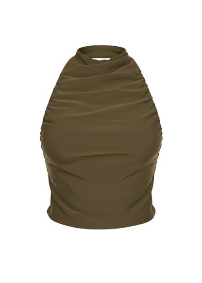 Khaki Ruched Slinky Halter Crop Top