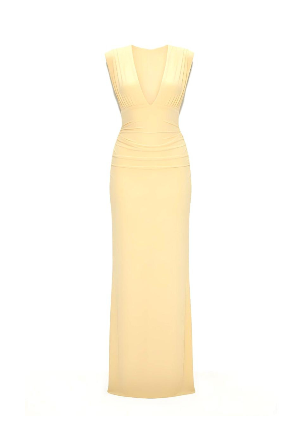 Lemon Chic Ruched Plunge-Neck Slinky Maxi Dress