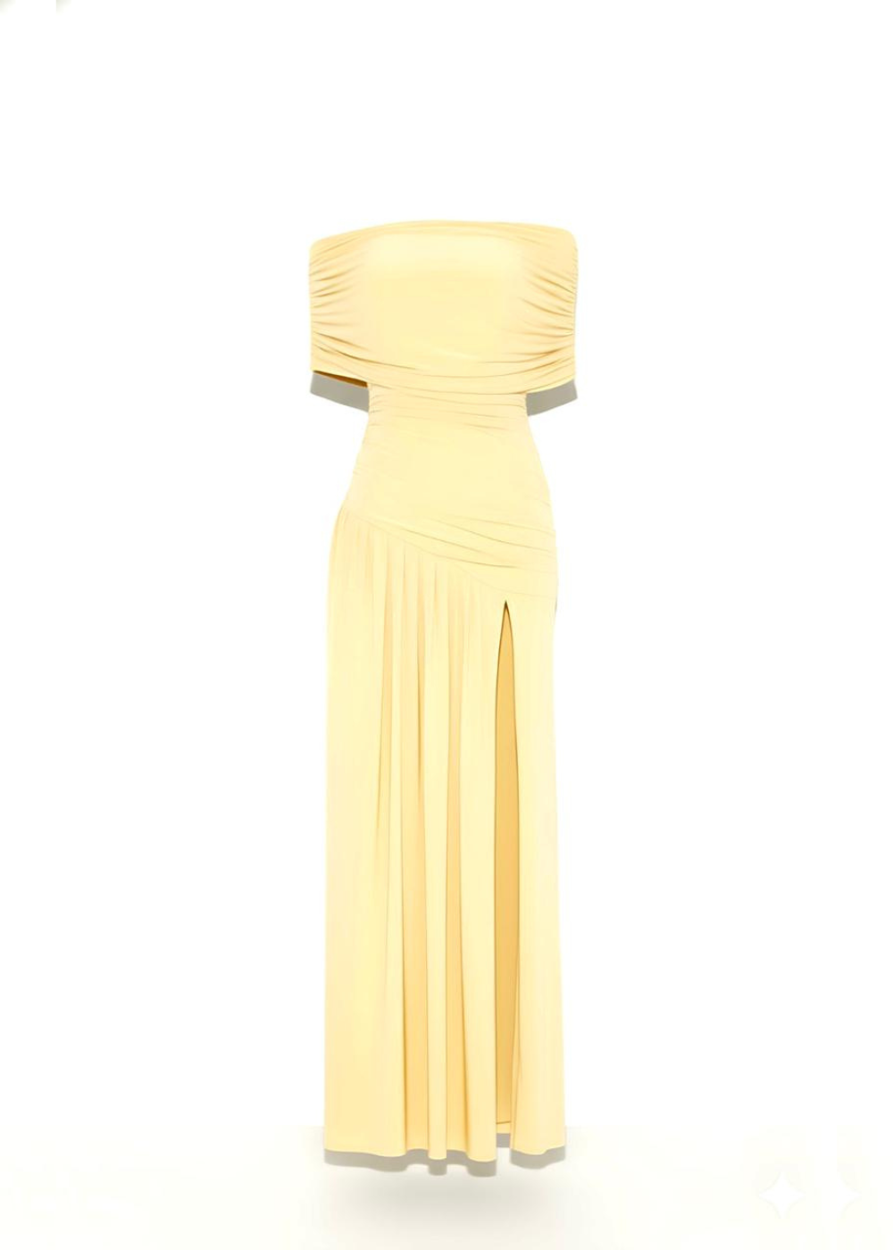 Lemon One Shoulder Ruched High Slit Maxi Gown