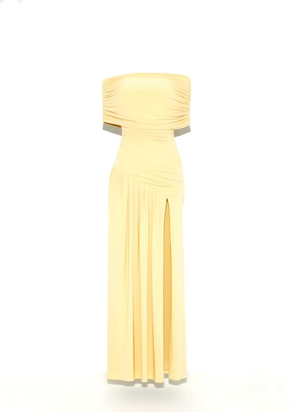 Lemon One Shoulder Ruched High Slit Maxi Gown