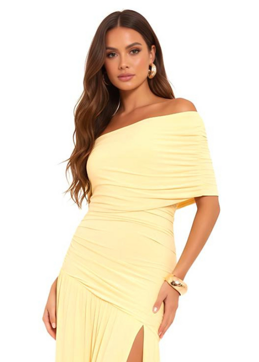 Lemon One Shoulder Ruched High Slit Maxi Gown