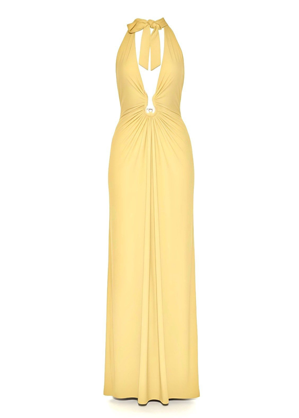Lemon Plunge Halter Backless Occasion Maxi Dress