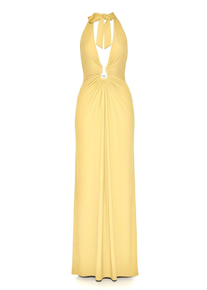 Lemon Plunge Halter Backless Occasion Maxi Dress