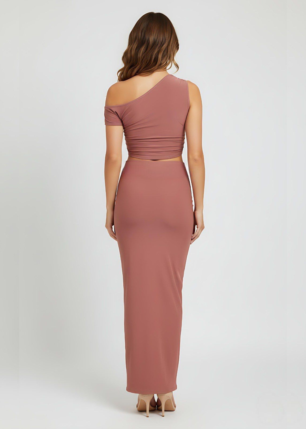 Mocha Occasion Ready Ruched Slinky Maxi Skirt