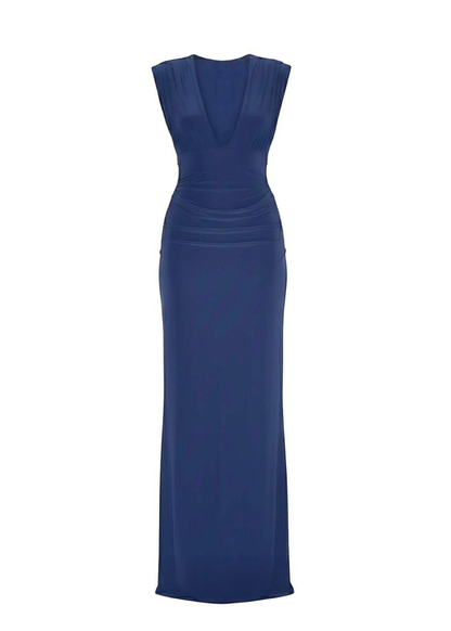 Navy Chic Ruched Plunge-Neck Slinky Maxi Dress