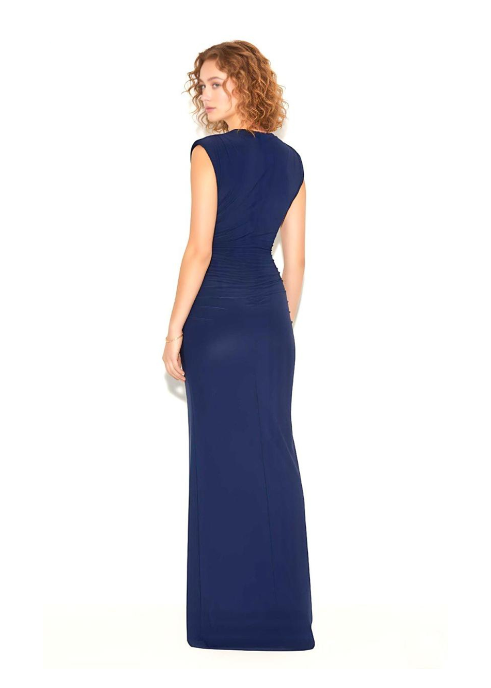 Navy Chic Ruched Plunge-Neck Slinky Maxi Dress