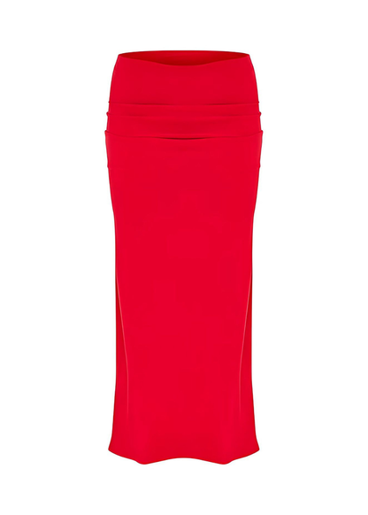 Red Figure-Hugging Slinky Asymmetric Maxi Skirt