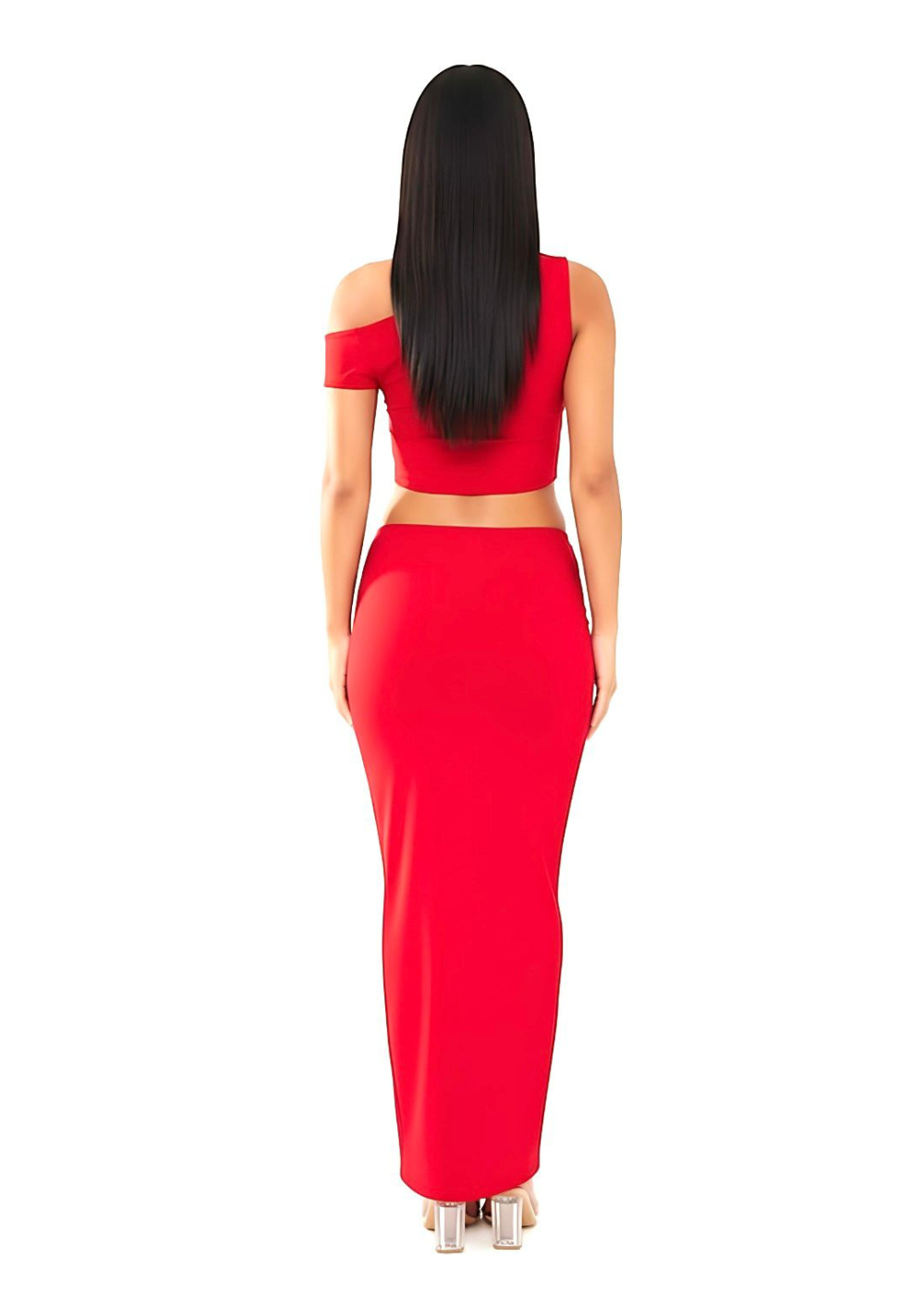 Red Figure-Hugging Slinky Asymmetric Maxi Skirt