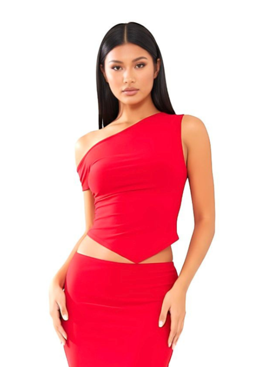 Red One Shoulder Asymmetric Bodycon Hem Top