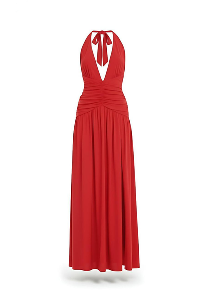 Red Slinky Backless V-Neck Slit Maxi Dress