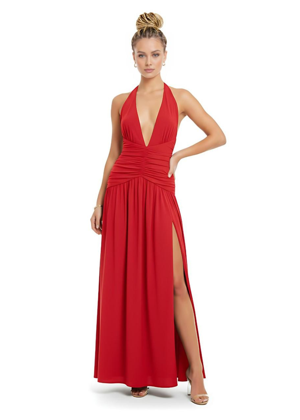 Red Slinky Backless V-Neck Slit Maxi Dress