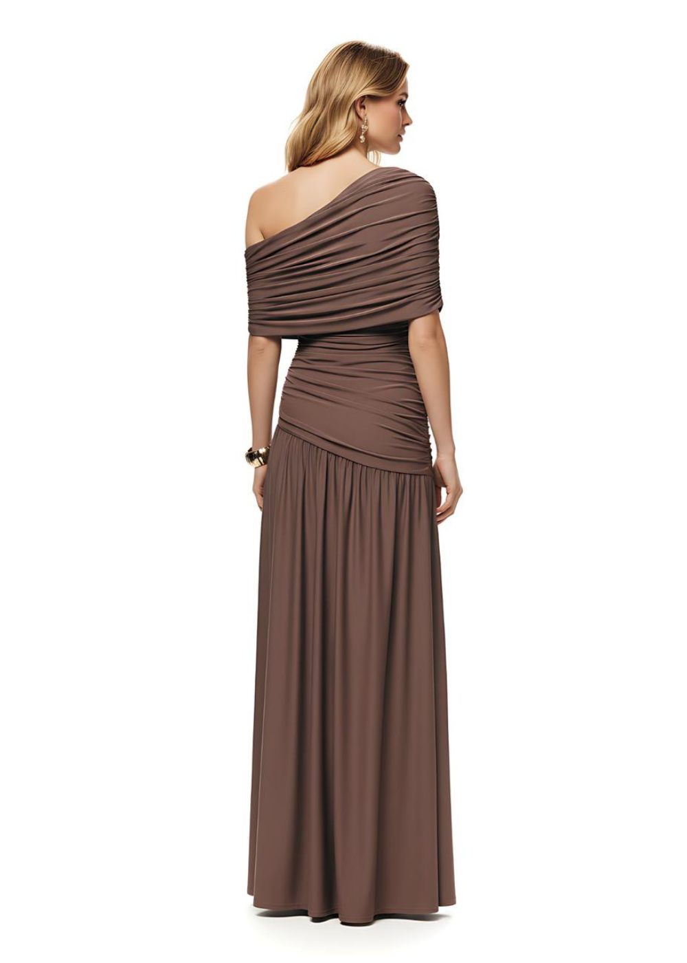 Taupe Chic Off Shoulder Slit Occasion Maxi Dress