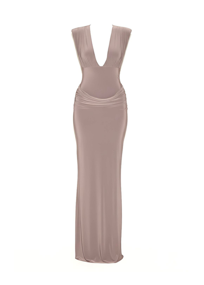 Taupe Luxury Slinky Deep V Evening Maxi Dress