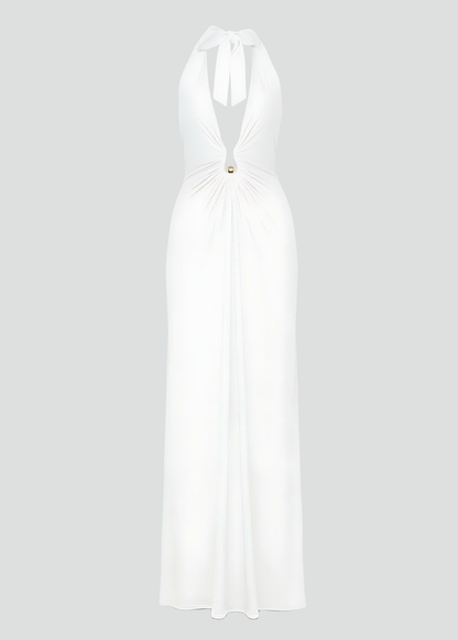 White Halter Backless Ruched Occasion Maxi Dress