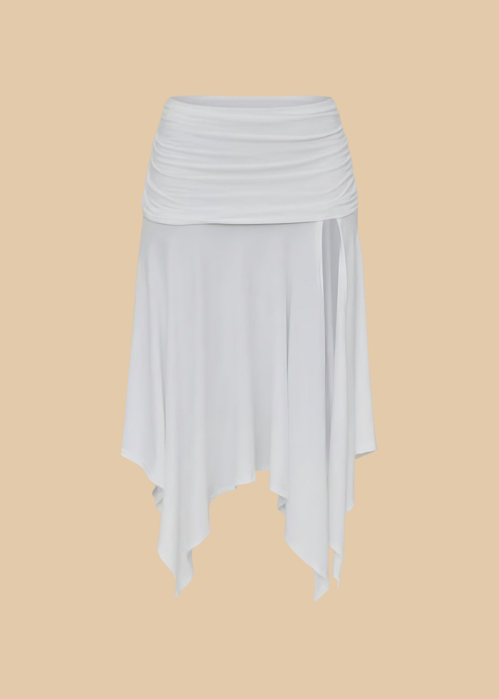 White Slinky Asymmetric Ruche Waist Hem Skirt