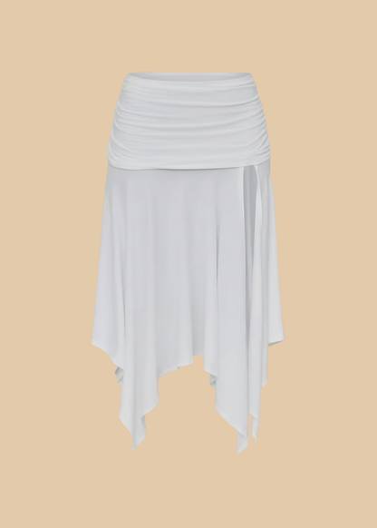 White Slinky Asymmetric Ruche Waist Hem Skirt