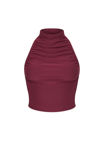 Wine Sleek Ruched Halter Crop Blouse